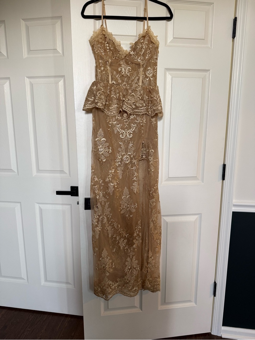 V. Chapman Tan Lace Maxi Dress with Peplum Bodice
